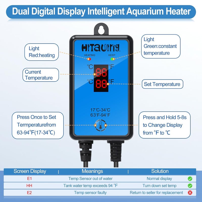 HiTauing Aquarium Heater, Upgraded 200W Fish Tank Heater with Intelligent Leaving Water Automatically Stop Heating and Advanced Temperature Control System, Suitable for Saltwater and Freshwater - Image 4